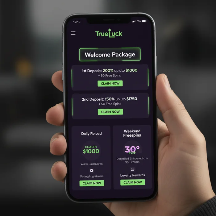 True Luck bonuspagina — welkomstpakket, inzetvereisten en promotiecode-invoer