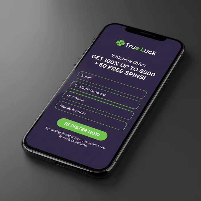 True Luck registratieformulier — accountaanmaak met e-mail en wachtwoordvelden